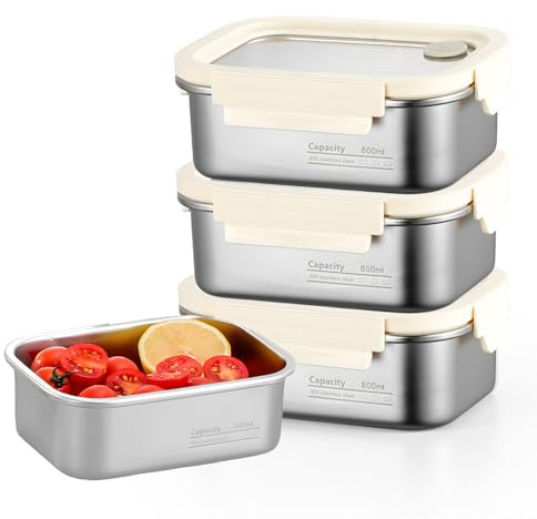 3 unidades de recipientes herméticos de acero inoxidable con tapa, 800 ml, recipientes apilables sellados para alimentos, para cocina, portátil, a prueba de fugas, Bento Fiambrera de metal