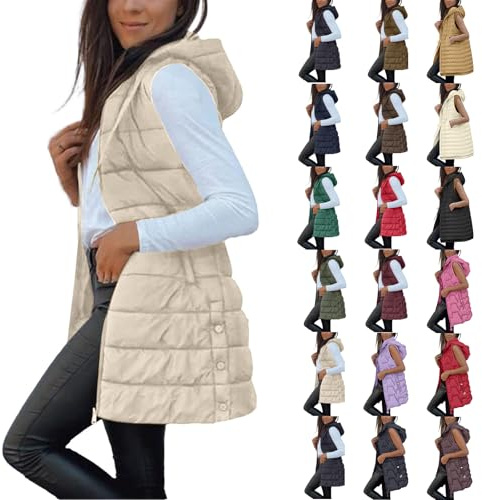 Quilted Gilet for Women UK Ladies Longline Hooded Puffer Jackets Padded Sleeveless Warm Bodywarmers Vest Lightweight Cozy Waistcoat Zipper Transitional Outerwear with Pockets Autumn Winter Beige L