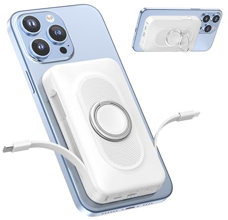 Powerbank für Magsafe 20000mAh 22.5W Magnetische Power Bank 4-in-1 Schnellladen mit Type-C/IOS Kabeln, Wireless Tragbares Laden mit Ringhalterung für iPhone 17/16/15/14/13/12 Pro/Pro Max/Plus