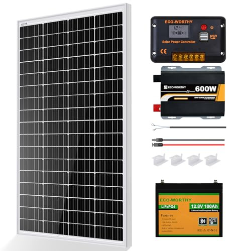 ECO-WORTHY Lifepo4 100AH bluetooth sistema completo fuera de la red con kit 170W: placa solar 170W, bateria lifepo4 100AH bluetooth, PWM 30A, inversor onda pura 600W para autocaravanas, barcos