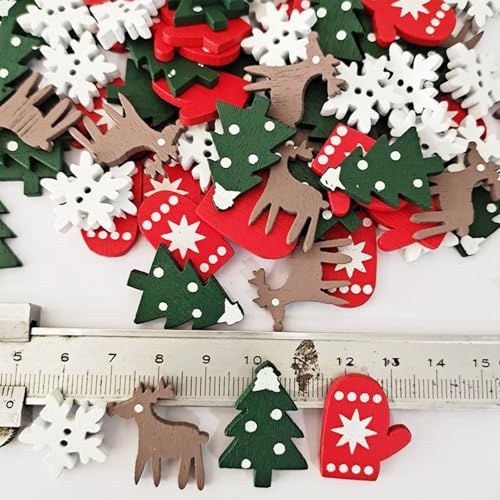 Fesnova Streudeko Weihnachten Holz Streuteile Set, Schneeflocken,Rentiere,Tannenbäume,Konfetti Weihnachtenin Rot,Weiß,Grün,Braun,für Festliche Dekoration,Christmas Neues Jahr,Bunt