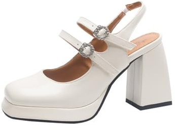 KKdhsfy 9 cm plattform pumps för kvinnor med lossning, två remmar, fyrkantig tå och chunky klack, festskor., vit, 36 EU