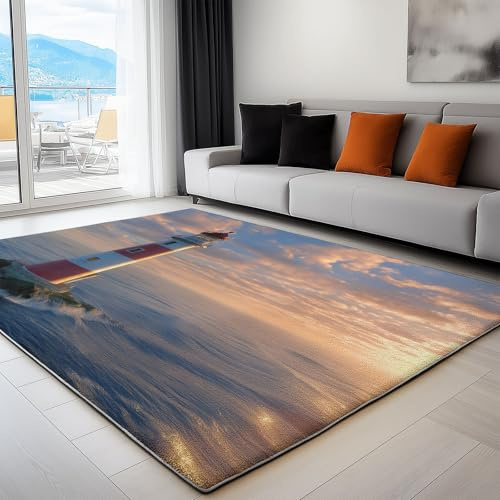 Generisch Kinderteppich für Jungen und Mädchen, Spielteppich Leuchtturm aus Flanell, Weiche Krabbelmatte rutschfest & Sicher, Deko für Kinderzimmer & Babyzimmer, Blau Rot, 80 x 150 cm