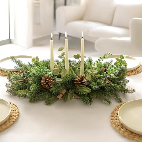 Marco Paul Extra Large Foliage Table Centrepiece Decoration with 3 Taper Candles Decorative Dining Table Display for Home Décor Natural Candle Decorations 45x70x15 cm