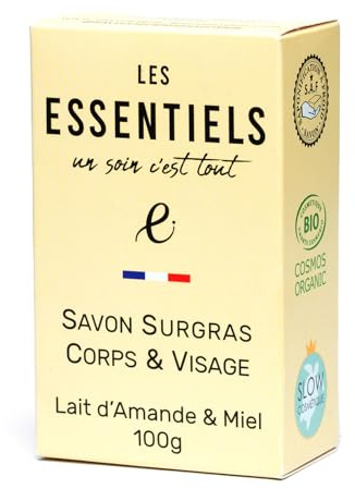 LES ESSENTIELS Bio-Seife Mandelmilch & Honig - Bio-Naturseife überfettet, kaltverseift für empfindliche Haut - COSMOS Organic zertifiziert, 100% Natürlich, Made in France, 100g
