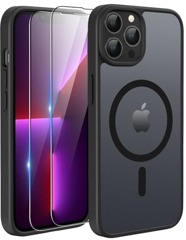 TQIAHF Magnetic Phone Case Cover for iPhone 13 Pro,Black | with 2 Tempered Glass Screen Protector Compatible with MagSafe Military Grade Shockproof Protective Slim Translucent Matte