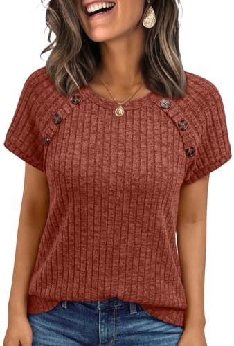 Tops for Women Trendy Spring Short Sleeve Knitted Button Basic Shirt Fashion Dressy Crewneck Sweaters Blouse Lace Shirts for Women