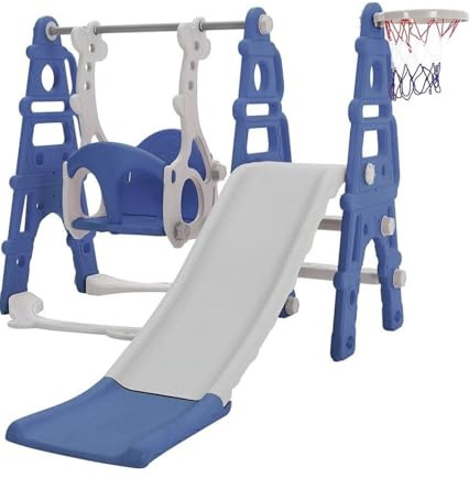 Kids Playground Set with Slide, Swing and Basketball Hoop, Blue and Grey, Ages 1-3 Years, 185x135x105cm