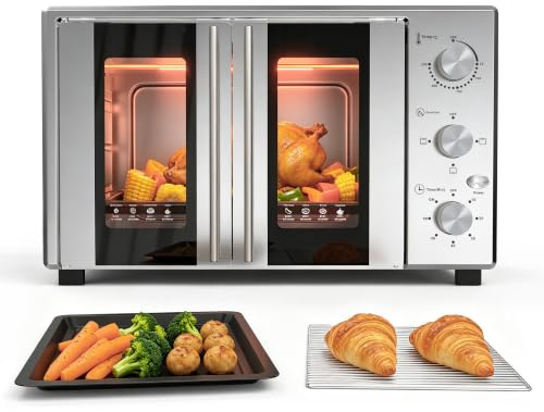GTKZW Minihorno eléctrico de 38 litros, 1600 W, con doble puerta, 3 modos de calentamiento, termostato de 70 °C a 250 °C y temporizador de 60 minutos, horno pequeño para pizza, pollo asado y hornear