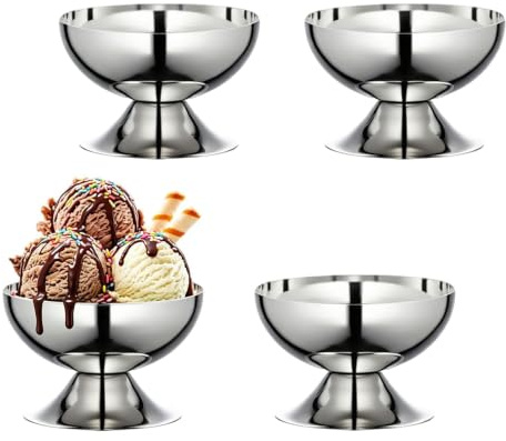 DBAATTZ 4 stycken isbägare, 10 cm runda rostfritt stål dessertskålar, isskålar glassdessertglas med hög fot, dessertglas med fot för servering av glass, pudding och frukt