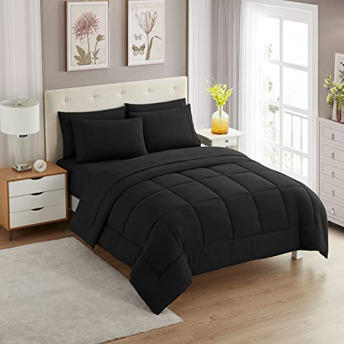 Sweet Home Collection 7-teiliges Bettdecken-Set, einfarbig, für alle Jahreszeiten, weiche Daunen-Alternative Decke und luxuriöse Mikrofaser-Bettlaken, schwarz, Doppelbett