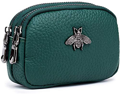 Geldbörse aus echtem Leder für Damen – Doppelreißverschluss, Bee Change Pouch Wallet Card Holder Geldbörse Mini Einfach Cute Coin Pocket nützlich für Frauen, grün, L