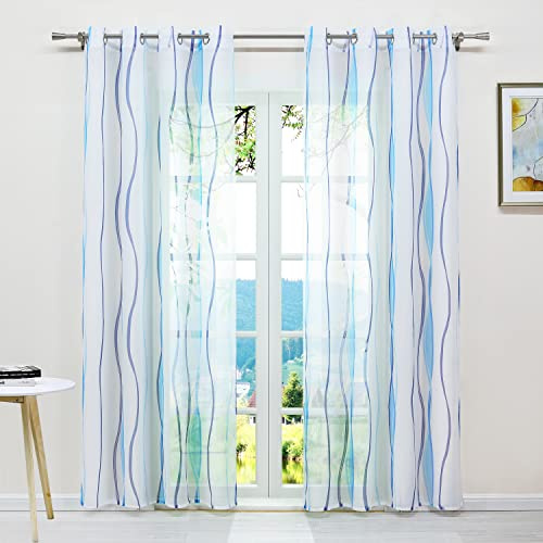 ESLIR Gardinen mit Ösen Vorhänge Gardinenschals Voile Deko Blau 140x145 | Transparent, Fensterschal, 1 Stück, Schlaufenschal, Fenstergardinen, Wohnzimmer Schals, Fenster innen, Wellen Muster, modern