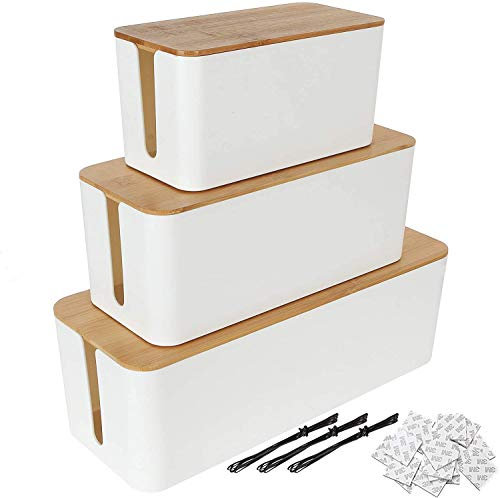 STARVAST Cable Management Box Set With Wooden Lid | 3 White Large Desk Cable Tidy Boxes | TV Cable Wire Extension Organizer for Home Office | Large, Medium, Small