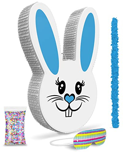 Jergrim Boy Easter Bunny Piñata Set with small stick and confetti bag - 17”x10”x 3” Perfect for Easter Celebration, Bunny Theme Parties, Party Decor, and more