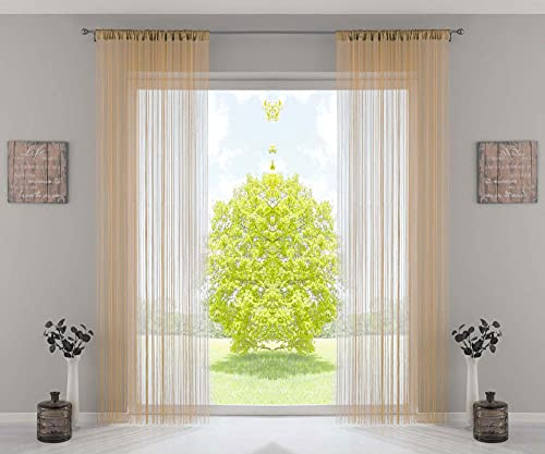 2er Set Fadengardine, HxB 250x140 cm, Sand mit Tunneldurchzug und eingenähtem Kräuselband, geeignet für Gardinenstangen und Gardinenschienen Fadenvorhänge Fadenstores Raumteiler, 20303CN2