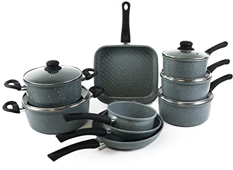 URBN-Chef 9pc Forged Carbon Steel Marble Grey Pots Pans Frying Pan Cookware Set