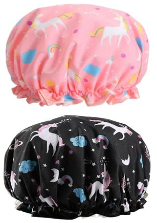 2 Pack Unicorn Shower Cap for Kids Teens Waterproof Bath Cap for Shower Bath Spa Hair Care Soft Elastic Double-Layer Design Cute Durable Reusable Shower Cap for Girls Boys