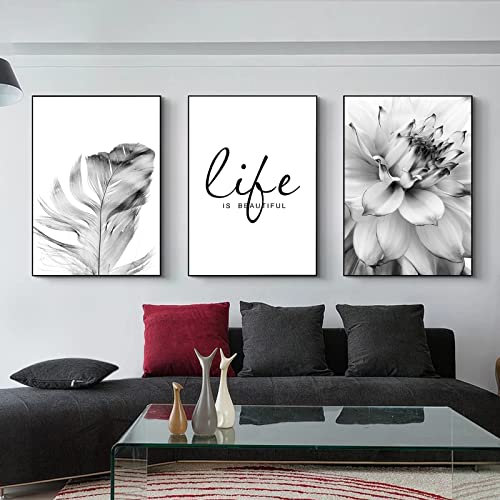 Trayosin 3-teiliges Premium Poster Set Aesthetic Blume Schwarz Weiß Feder Löwenzahn Bilder Moderne Wandbilder, Wohnzimmer Schlafzimmer Wanddeko Art ohne Rahmen (A,40x60cm)