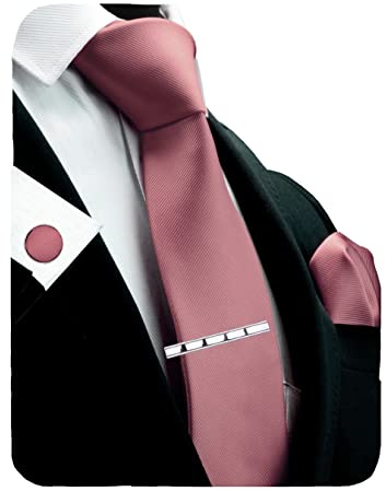 Gusleson Mens Solid Dusty Rose Ties For Wedding Plain Neckties Handkerchief Cufflinks Tie Clip with Gift Box (UK6101-32)