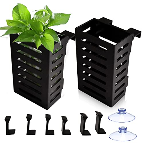 kingsea 2 Stück Aquarium-Pflanzenhalter mit Haken und Saugnäpfen, Wasserpflanzentopf mit Loch für Aquarium, Aquaponik-Pflanzenzucht, Aquascape-Dekoratio, Schwarz