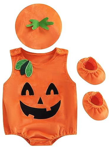 Hifot 3 Pezzi Vestito Zucca Neonato,Costume Zucca Bambino Pagliaccetto con Cappello e Scarpa Costumi Halloween Bambini Ragazze Ragazzi