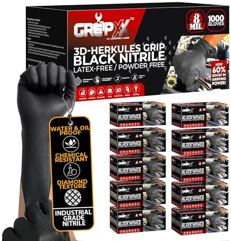 GRIPXX Herkules Grip Heavy Duty 8Mil Black Nitrile Gloves,3D Raised Diamond Texture-Latex & Powder-Free-Industrial, Mechanic (1000, Large)