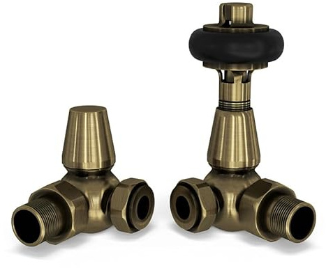 UK Radiators Brushed Antique Brass Finish Thermostatic Radiator Valve and Corner Lockshield Valve - Brushed Antique Brass Finish - Traditional Design 1/2 x 10mm Wooden Head Corner Radiator Valve