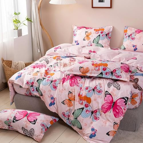 Freyamy Kinder Bettwäsche 100x135 Rosa Bunt Schmetterling Kinderbettwäsche | Mädchen Wendebettwäsche, 2teilig Bettwäsche-Sets, Microfaser ÖKO-TEX Bettbezug mit Reißverschluss und Kissenbezug 40x60cm