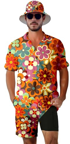VUGOTU Herren 2-teiliges Trainingsanzug 80er 90er Jahre Outfit Knopfleiste 80er Jahre Hemden und Shorts Sets mit Eimerhüten, 70er-Jahre-Stil, Large