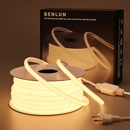 BENLUN 220V Ruban LED COB Exterieur Etanche 20M, 3000K Blanc Chaud Flexible Découpable Bande LED 200W CRI 90+ Sans Transformateur, pour Chambre, Gaming, Bureau, Pergola Extérieur