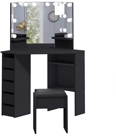 Panana Corner Dressing Table with LED Light, Vanity Table with 5 Drawers and Stool, Makeup Table for Home Furnature (Black)