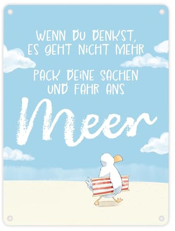 Möwe Metallschild in 15x20 cm mit Spruch Fahr ans Meer Strandliebe Nordlicht - Dein Urlaub im Norden beginnt mit Meer-Feeling Zuhause