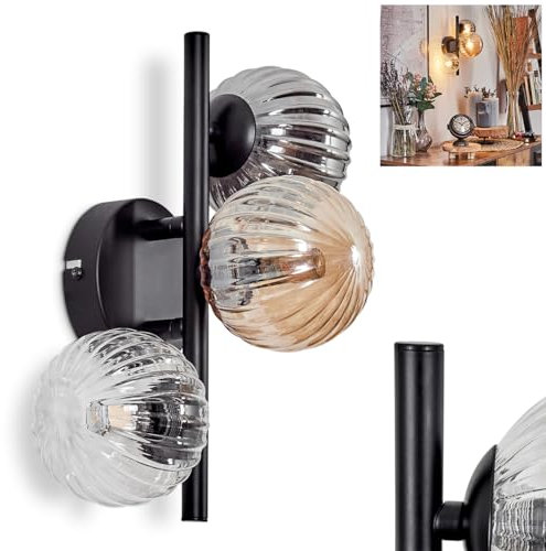 Wandleuchte Chehalis, Wandlampe aus Metall/Riffelglas in Schwarz/Rauch/Bernstein/Klar, Leuchte im Retro/Vintage-Design, Schirme aus Glas Ø 10, 12cm, An/-Auschalter am Gehäuse, 3x G9, ohne Leuchtmittel