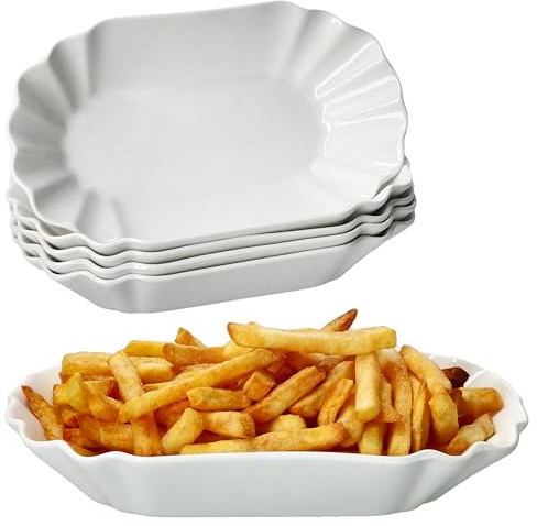 MamboCat 6er Set Fries Pommesschale I ovale weiße Currywurstschale aus Porzellan I Snackteller mit Relief für Beilagen, Würstchen, Pommes & Nuggets I Wiederverwendbare Servierteller