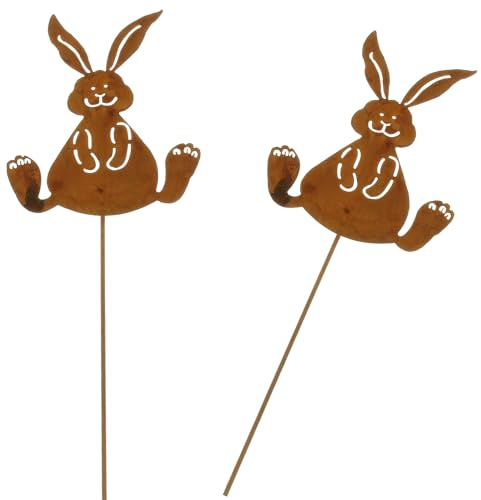 MACOSA Gartenstecker Osterhasen 2er Set Rost 40 cm Rostig Echtrost Beetstecker Garten-Dekoration Figur Osterdeko Gartendeko Blumenstecker