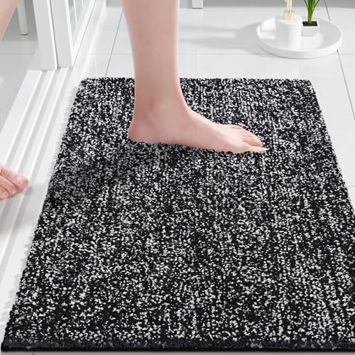 Yimobra Rutschfester Badezimmerteppich Extra weich und bequem Wasserabsorbierende, Dicke und maschinenwaschbare Badematte Flauschig für Dusche und Badewanne, Schwarz&Weiß, 51 x 81 cm