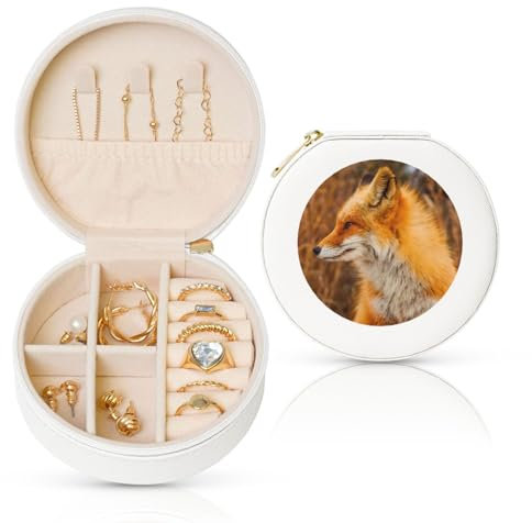 WSHFFILO Schmuckkästchen mit Fuchs-Motiv, rund, Leder, Schmuckaufbewahrung, Geschenkbox