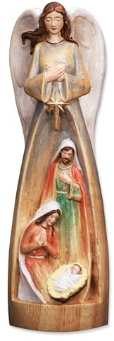QIADGE Hand-Carved Solid Wood Nativity Angel Sculpture – Hand-Painted Christmas Figurine with Holy Family, Perfect for Christmas Decor, Religious Gifts
