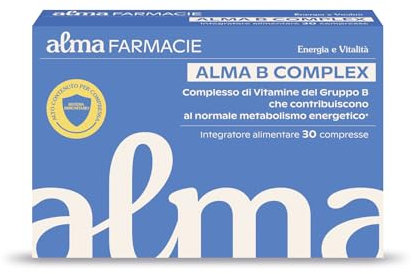 Alma B Complex Alma Farmacie, Integratore con Complesso di Vitamine B1, B2, B3, B5, B6, B9, B12, Favorisce il Metabolismo Energetico, Supporto al Sistema Immunitario, Integratore 30 Compresse