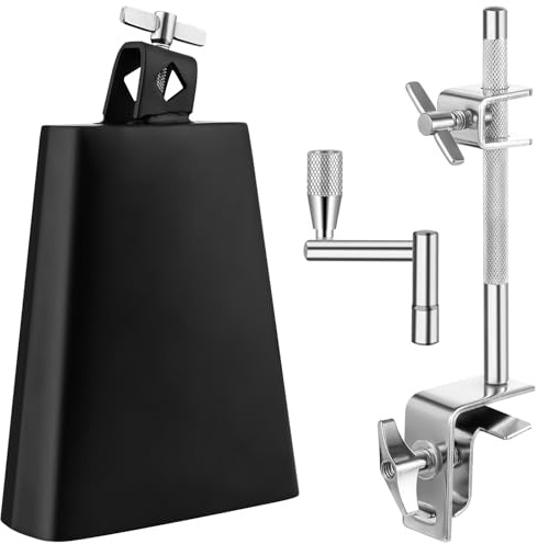 BALLMENT 6 Inch Cowbell and Cowbell Clamp, Cowbell Holder Percussion Accessory for Drum Sets, Adjustable Standard Cowbell Mount Holder, Bass Drum Hoop Up or Down Drum Key