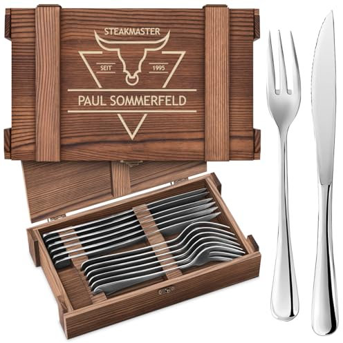 Maverton Steakbesteck 12-teilig - 6 Steakmesser und 6 Steakgabel - Edelstahl Grillbesteck in Holzkiste - personalisierte Geschenke für Männer - Besteck Set für 6 Personen