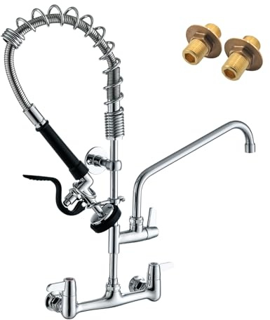 CENOSA Commercial Sink Faucet Wall Mount with Pre-Rinse Sprayer – 8 Inch Center Wall Mount Sink Faucet, 25 Height, 12 Swing Spout, Pull Down Sprayer for Industrial & Restaurant Sinks