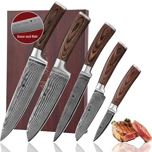Wakoli Edib 5er Damastmesser Set mit Klingen Gravur – Premium Küchenmesser mit 67 Lagen Damaststahl, VG10-Kern und Pakkaholzgriffen – In eleganter Holzbox, für Profiköche und Hobbyköche