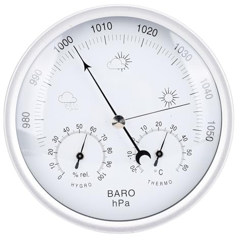 Jiawu Stazione Meteorologica 3 in 1 con Termometro, Barometro e Igrometro Parete per Tutte le Stagioni, Quadrante Rotondo in Lega di Alluminio, per Casa, Ufficio, Giardino