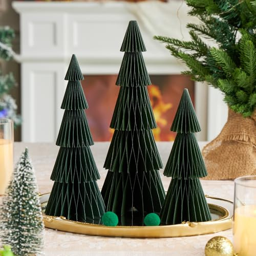 SUNBEAUTY 3 Stück Papier Weihnachtsbaum Papiertannenbäume Waben Tischdeko 3D Weihnachten Wiederverwendbare Weihnachtsdeko Innen Magnetisches Design Papier Tannenbaum Deko für Fenster Weihnachten