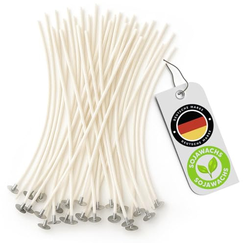 FALKENHORN® 200 Stück Kerzendochte 10 cm – Vorgewachst mit Sojawachs – Baumwolle mit Metallfuß – sauber, stabil & geruchlos – für Stumpenkerzen & Kerzengießen geeignet