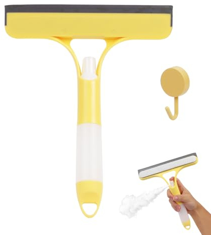 Window Cleaning Scraper, 3-in 1 Spray Function Window Squeegee Cleaner, Shower Screen Scraper, Shower Squeegee for Bathroom, Window,Mirror and Car Glass (Yellow)