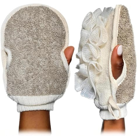 Exfoliating Mitt Body Scrubber, Double-Sided Glove, Shower Puff Loofah Sponge, Dual Action Gentle Scrub & Bath Sponge for Skin Cleaning
