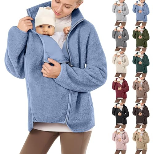 HUIFUAO 2-i-1 babybärare huvtröjor för mamma och baby dragkedja moderskapsjackor med kängurupåse vinter varm fleece graviditet rockar långärmad sweatshirts multifunktion amning ytterkläder, Z01 Grå, L